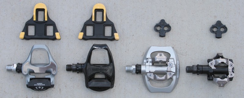 A small variety of the many types of clipless pedals available.